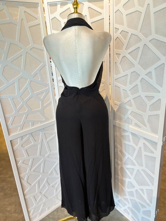 Midnight back less halter neck flare jumpsuit