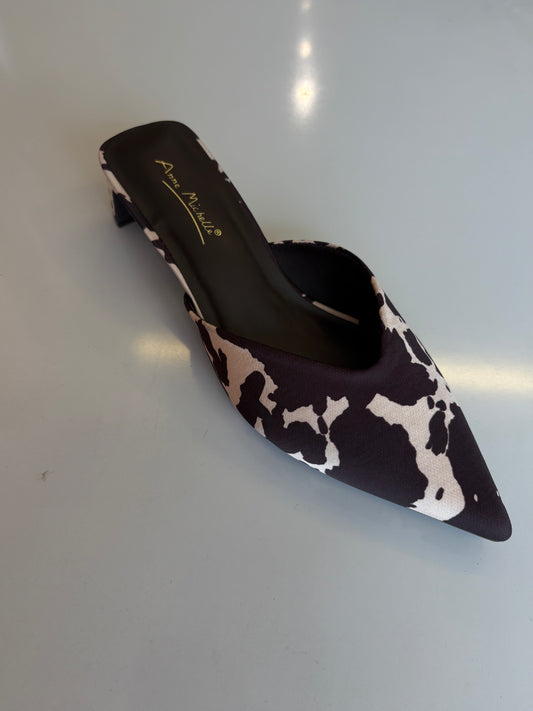 Cow print kitten heel