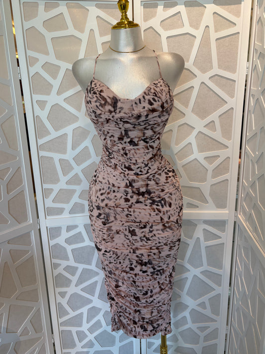 Pink leopard ruched mesh dress