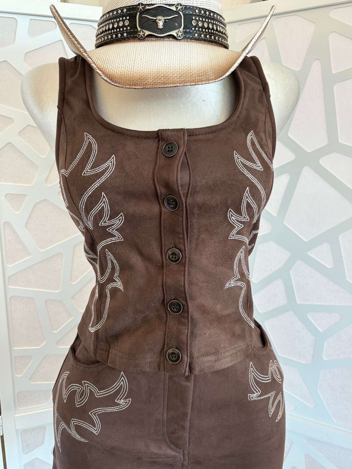 Embroidered suede vest
