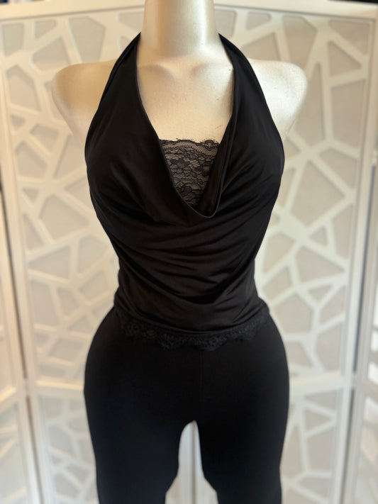 Cowl-neck lace trim top