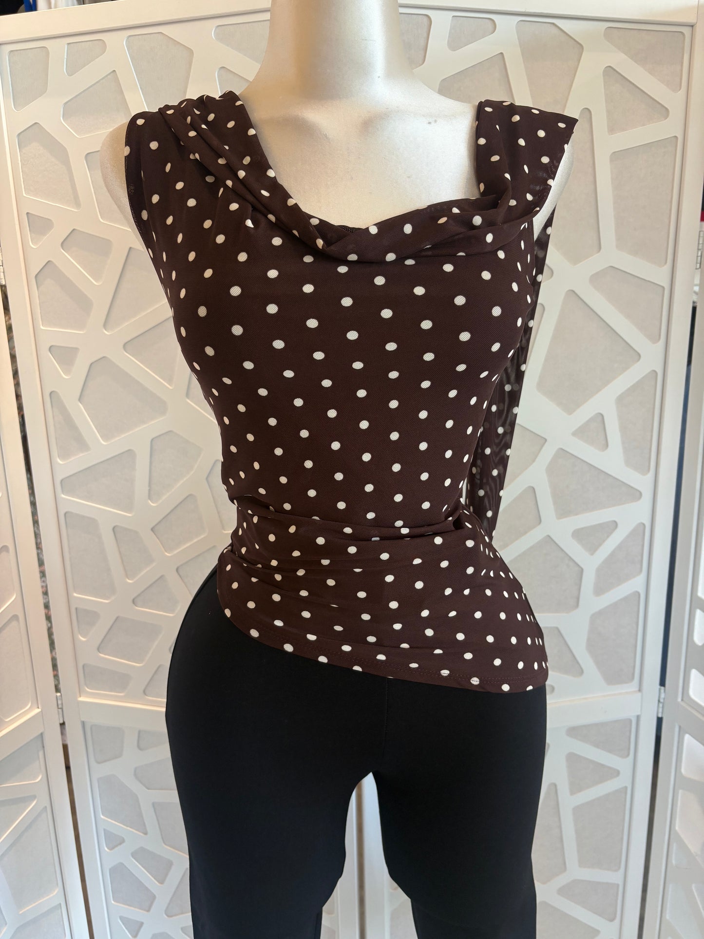 Polka dot asymmetrical scarf top