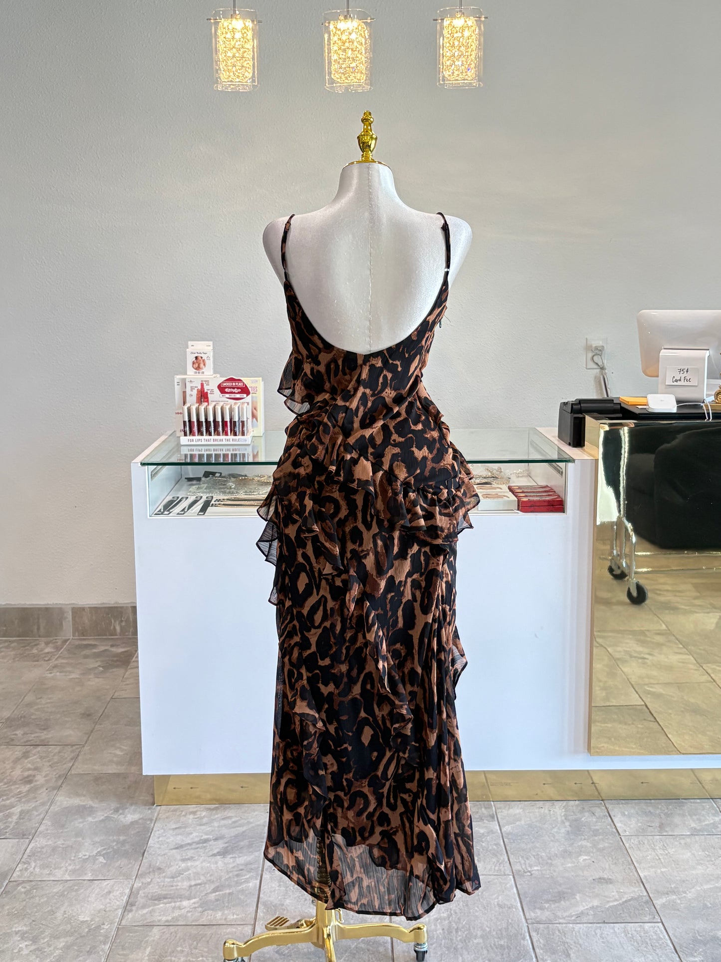 Leopard ruffled tiered slit dress