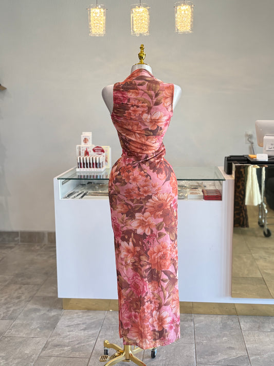 Floral ruched maxi dress with side slit