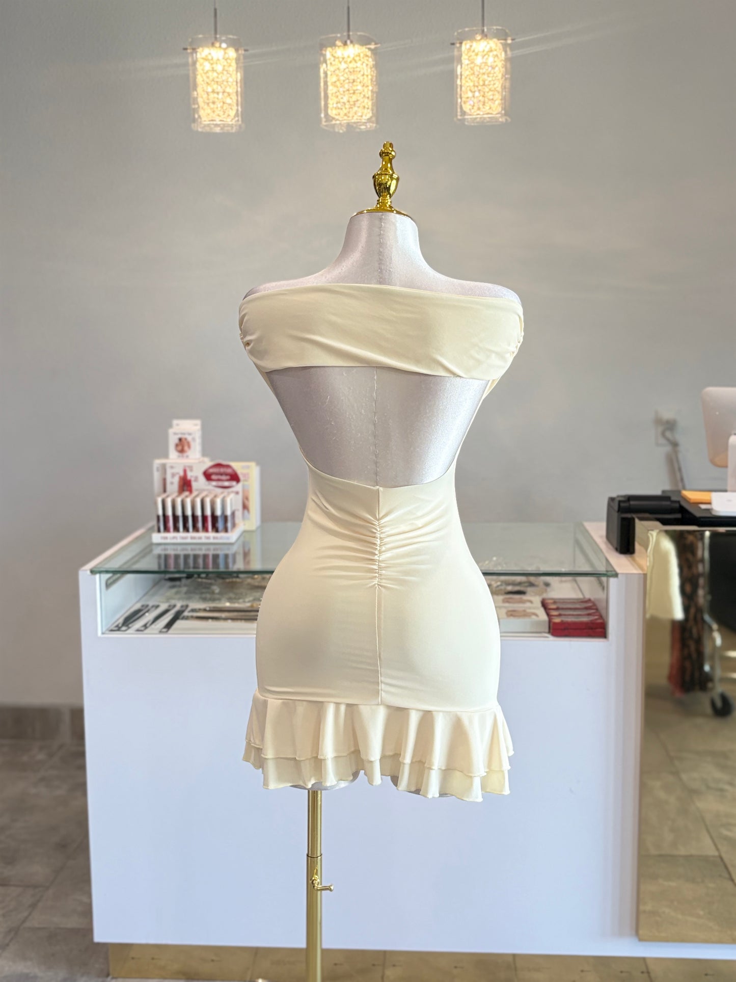 Ruffle trim off shoulder dress