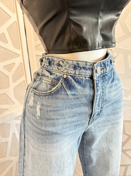 Metal ring waistband low curve wide jeans
