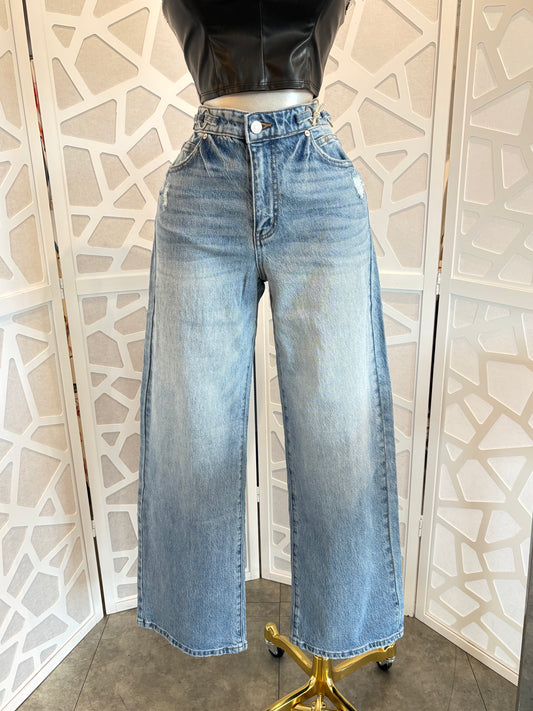 Metal ring waistband low curve wide jeans