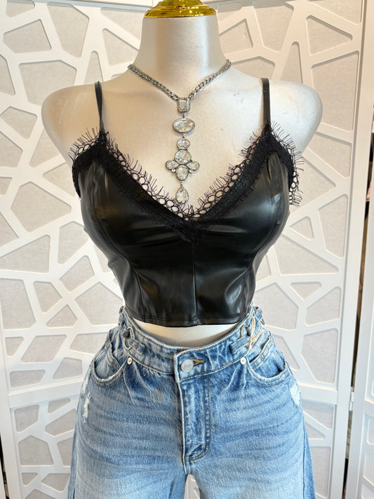 Faux leather lace top
