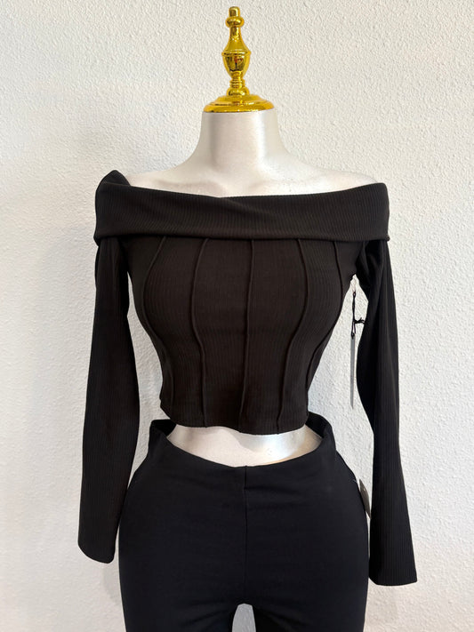 Off shoulder ribbed long sleeve