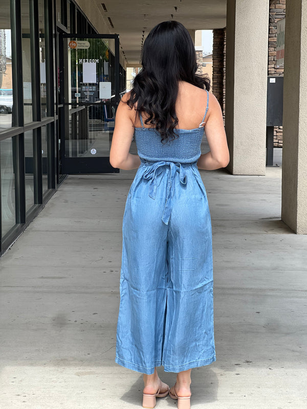 Smocked Wide Leg Cropped Jumpsuit