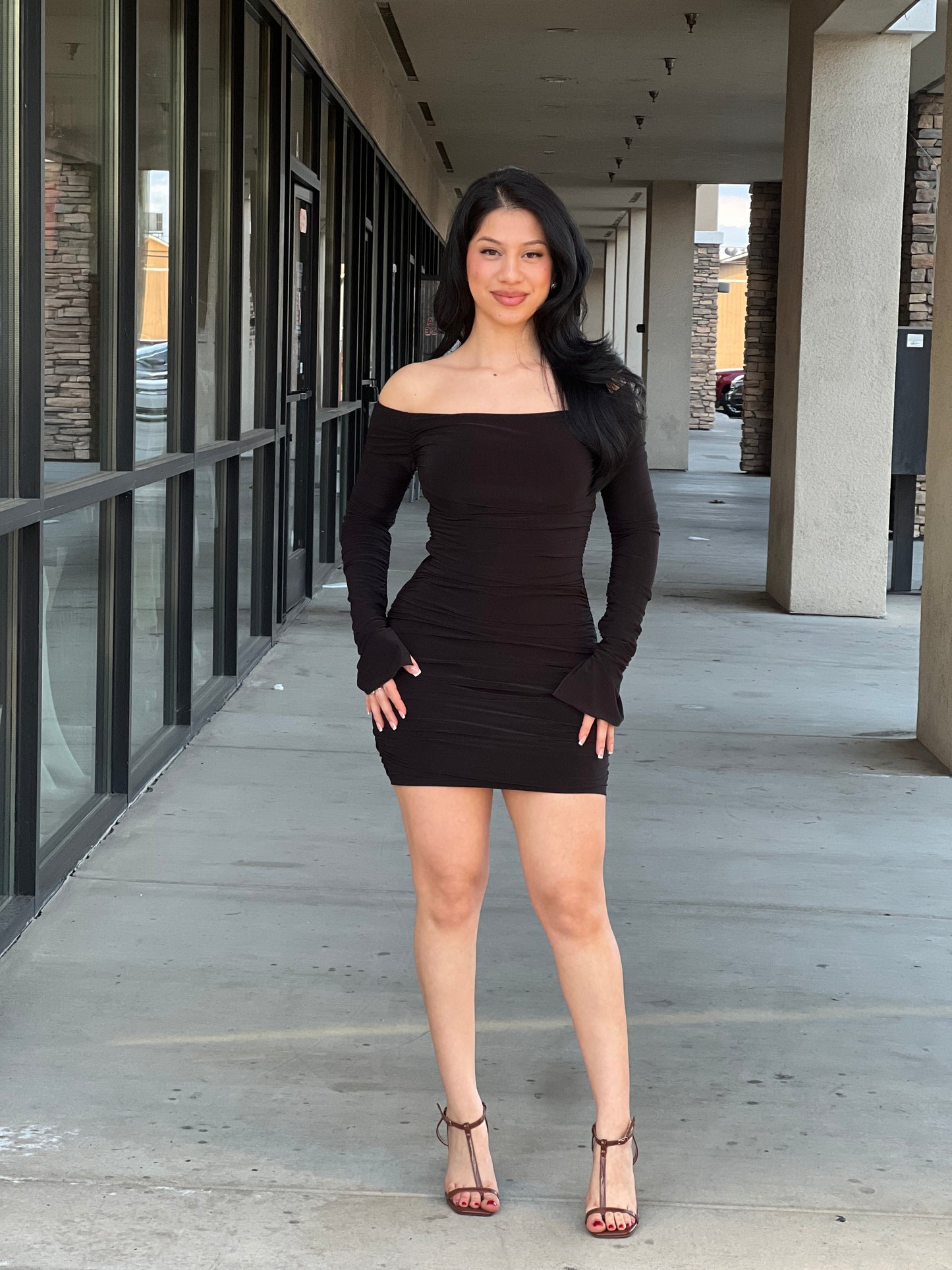 OFF SHOULDER LONG SLEEVE RUCHED MINI DRESS