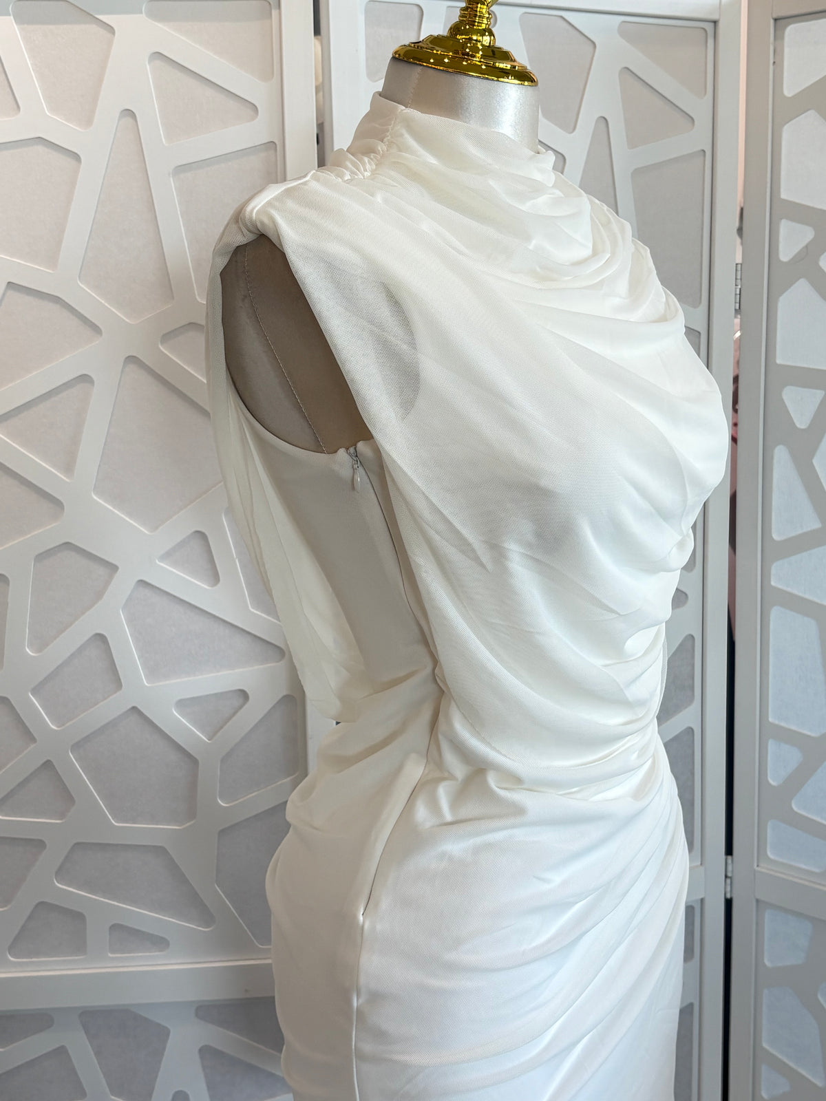 HIGH NECK CAP SLEEVE SHOULDER DRAPED DETAIL MESH MINI DRESS