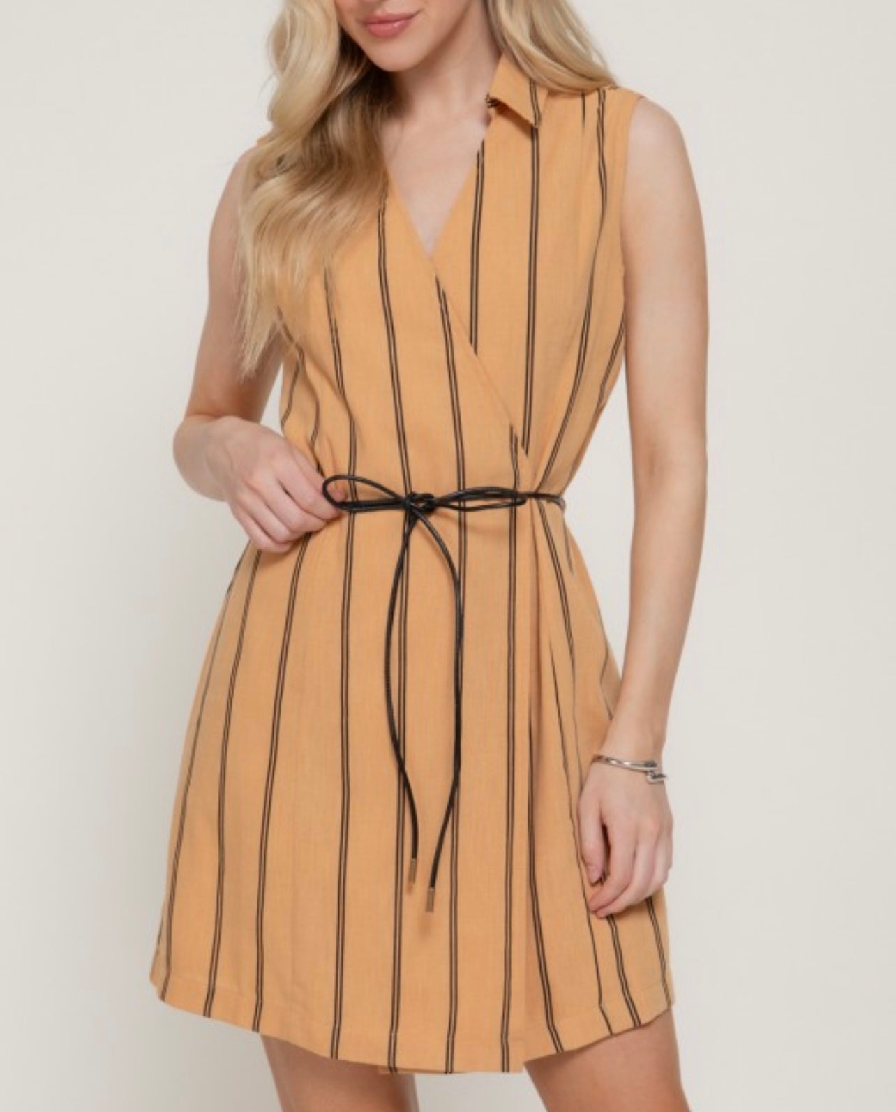SLEEVELESS V NECKLINE WITH COLLAR & PU BELT DETAIL STRIPE PRINT LINEN DRESS