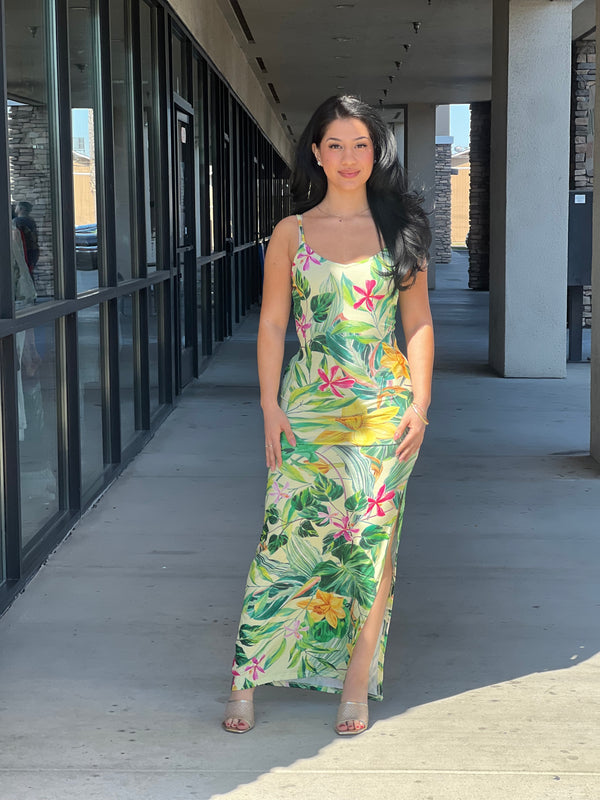 Tropical-Printed Cami V-Neck Slit Dress
