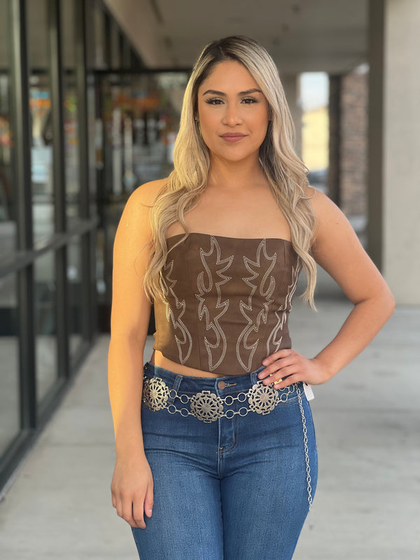 (Ships 5/20)Scarlet Vegan Leather Embroidered Western Corset Top