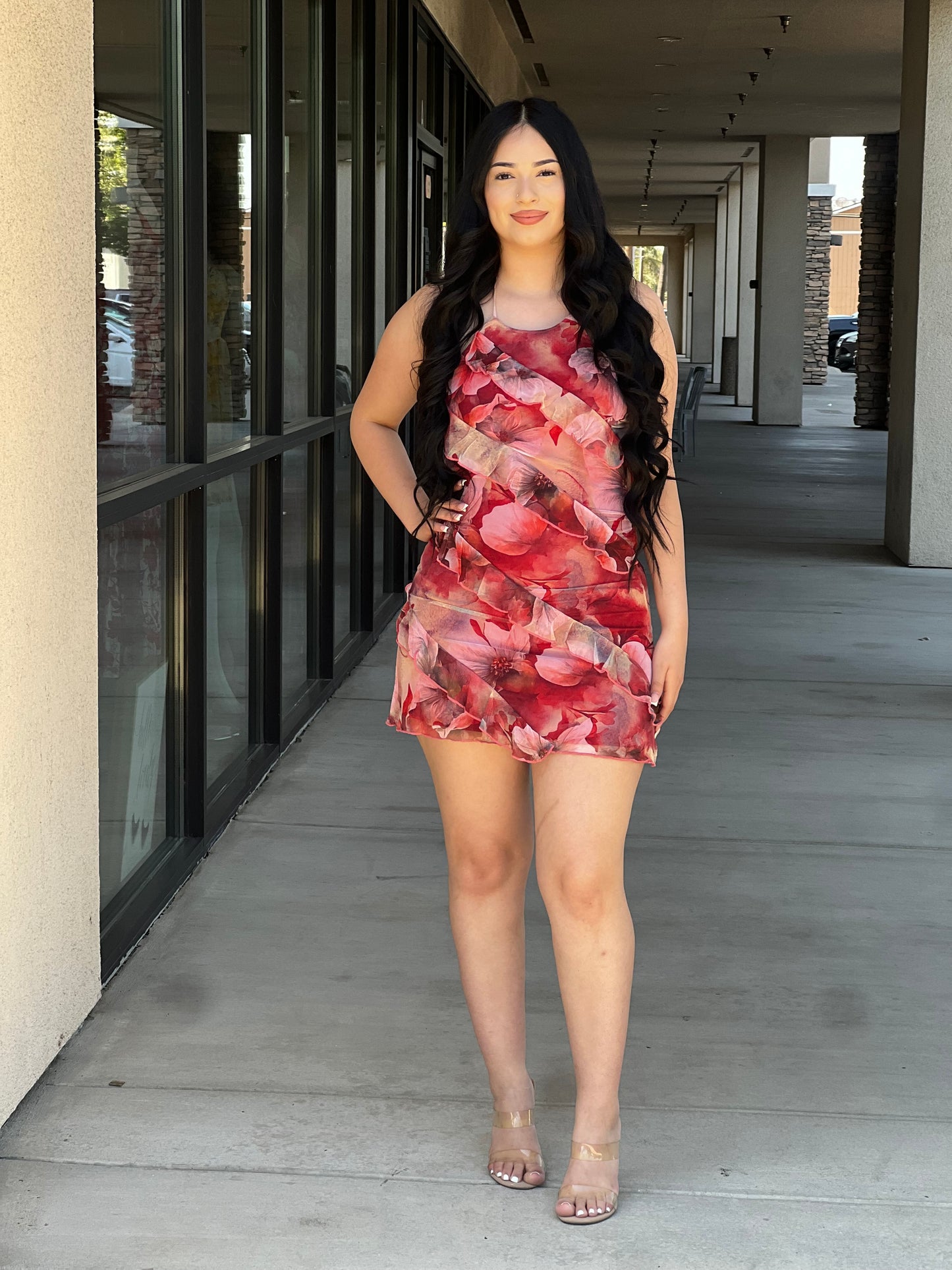 EMILY OPEN BACK RUFFLE DETAIL MINI DRESS