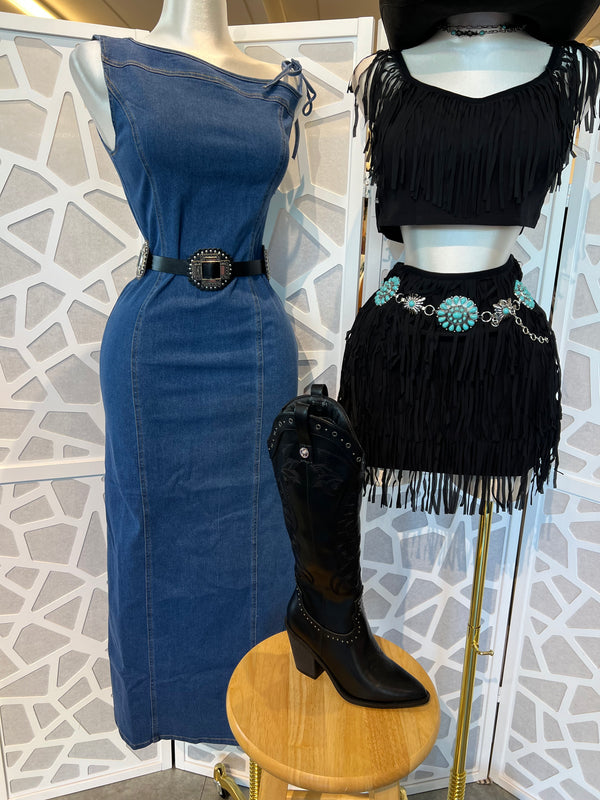 DENIM ASYMETRICAL TIE SHOULDER DRESS