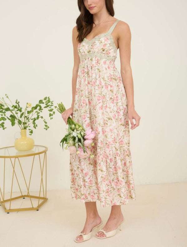 Floral Lace Trim Ribbon Strap Back Tie Midi Dress