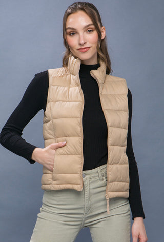 High neck padded puffer vest with storage pouch