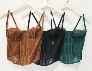 Lace and mesh corset top with adjustable straps and back hook and eye panel