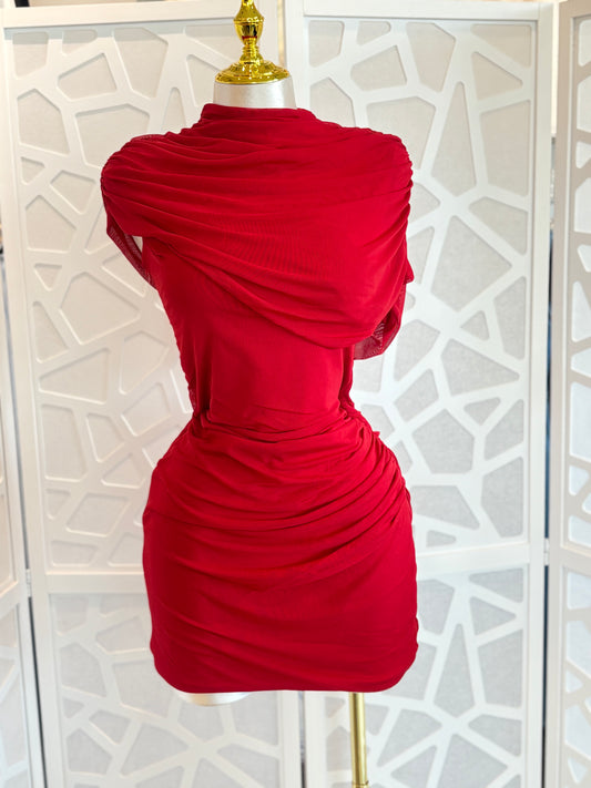 HIGH NECK CAP SLEEVE SHOULDER DRAPED DETAIL MESH MINI DRESS