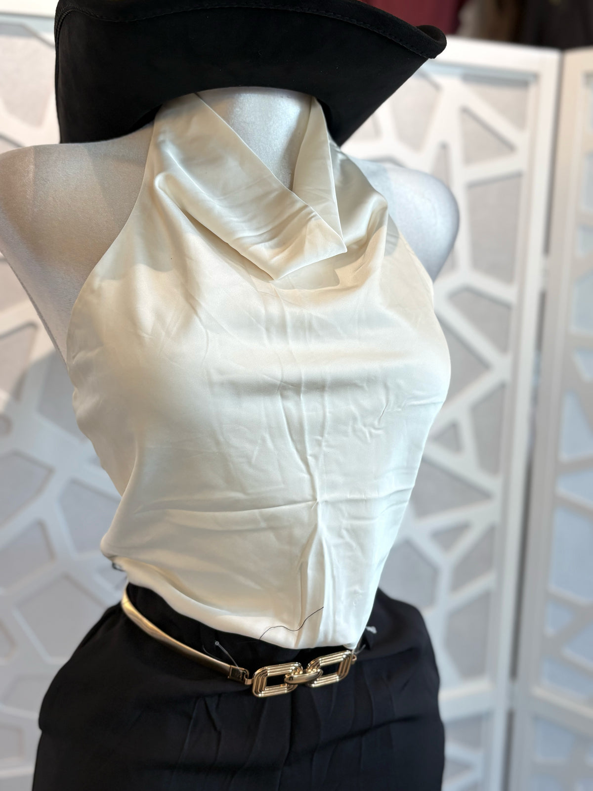SATIN COWL NECK HALTER BACKLESS JUMPSUIT WITH BELT