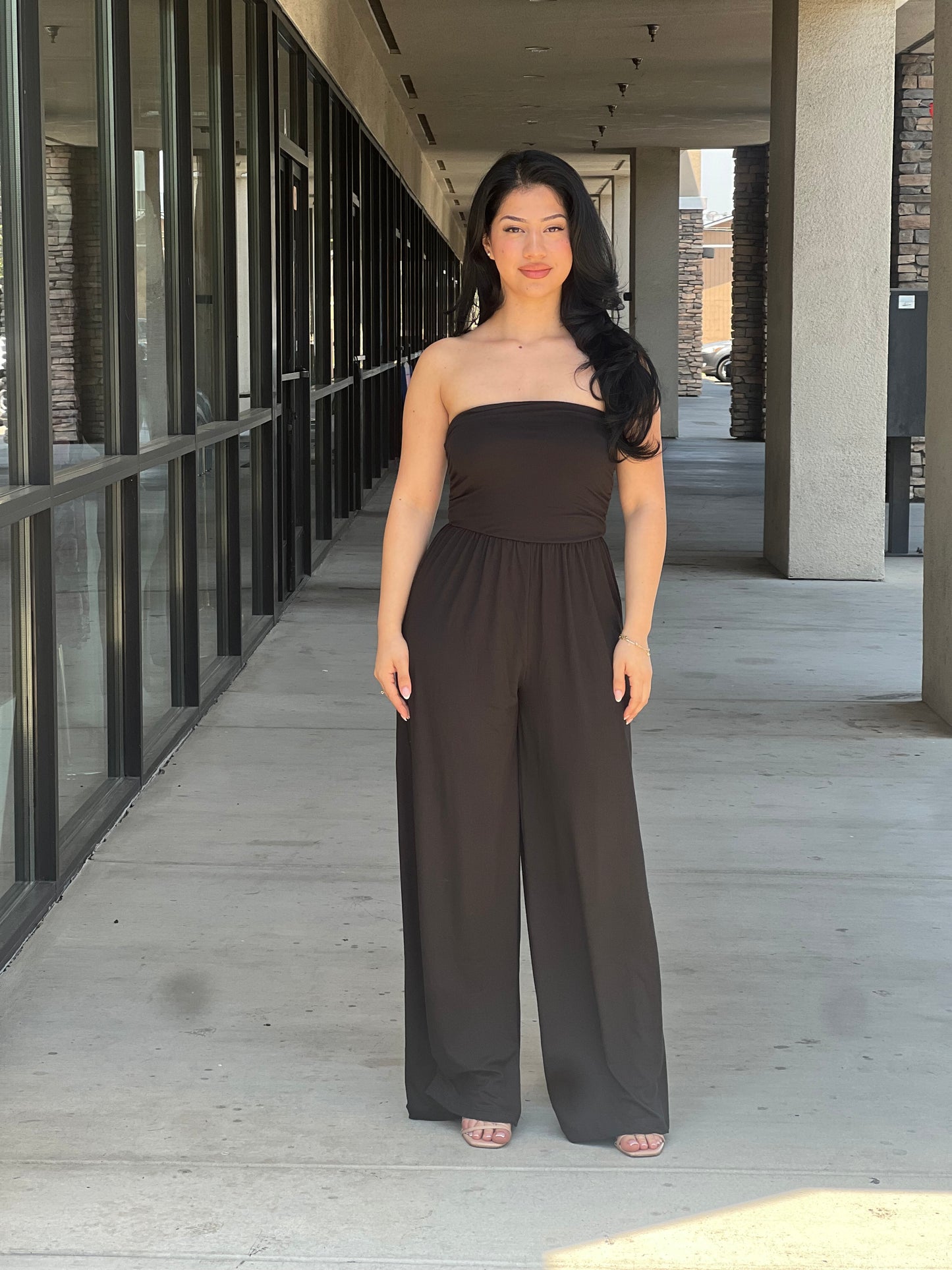 Strapless Ruched Tube Wide Leg Jumpsuit