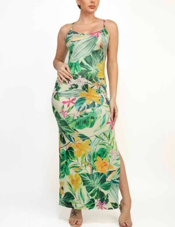 Tropical-Printed Cami V-Neck Slit Dress
