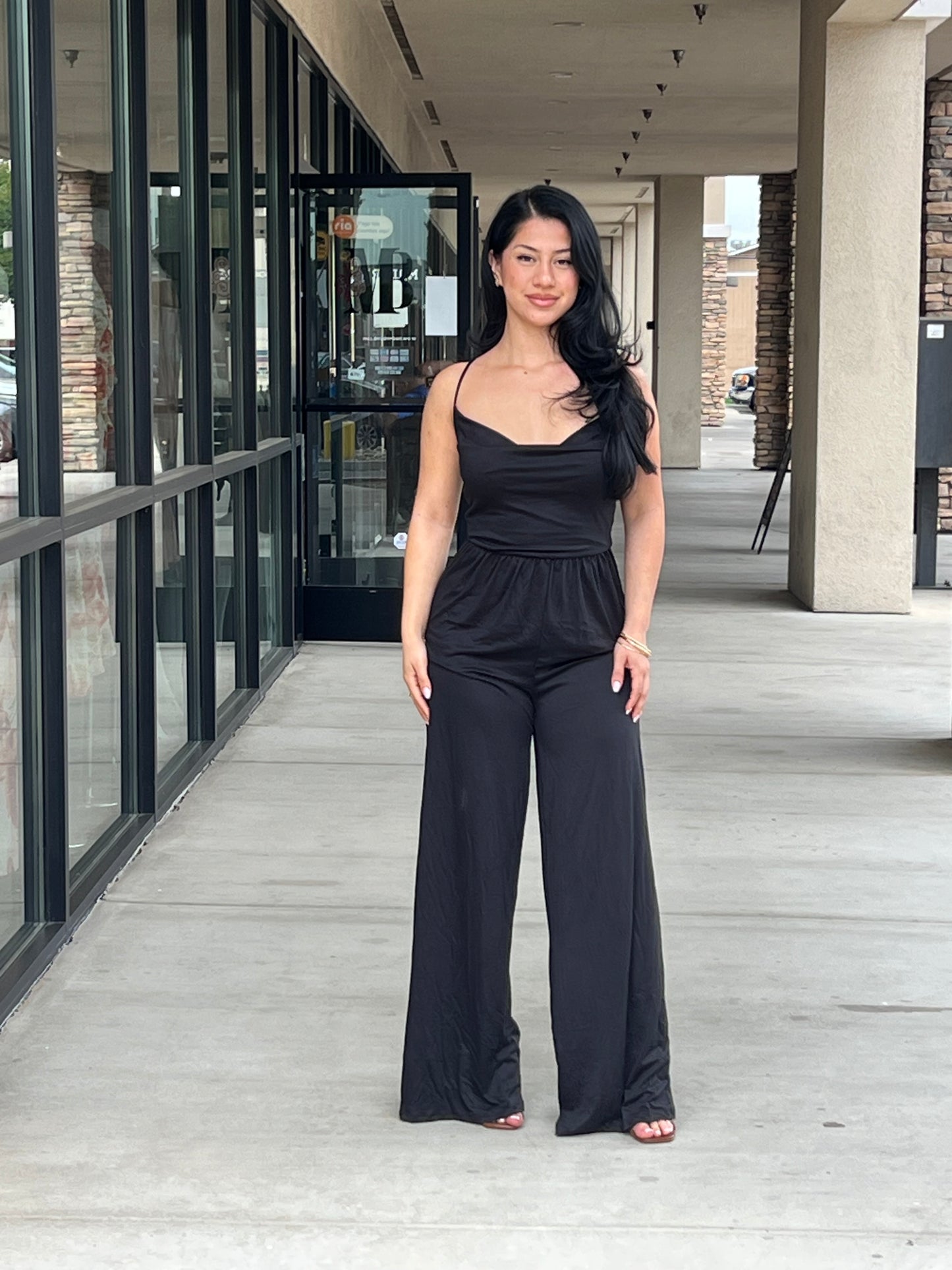 Black front drape detail jumpsuit