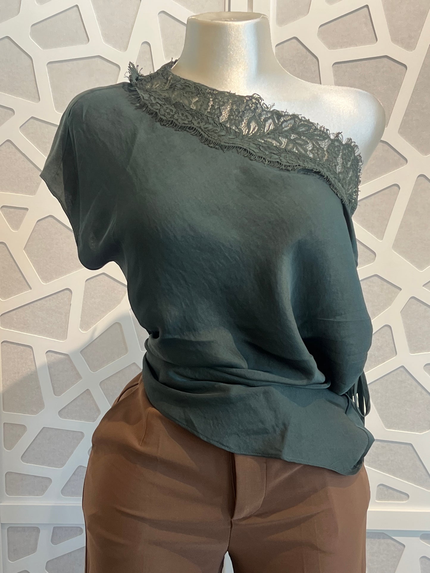 Draped Off Shoulder Lace Trim Blouse