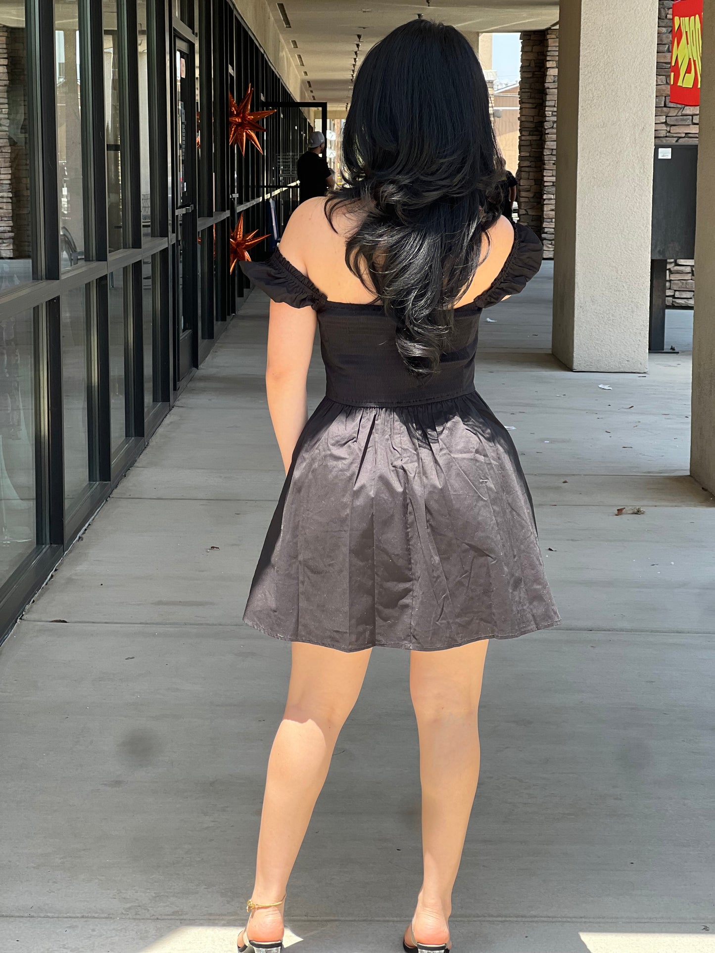 Puff sleeve front tie corset a line dress