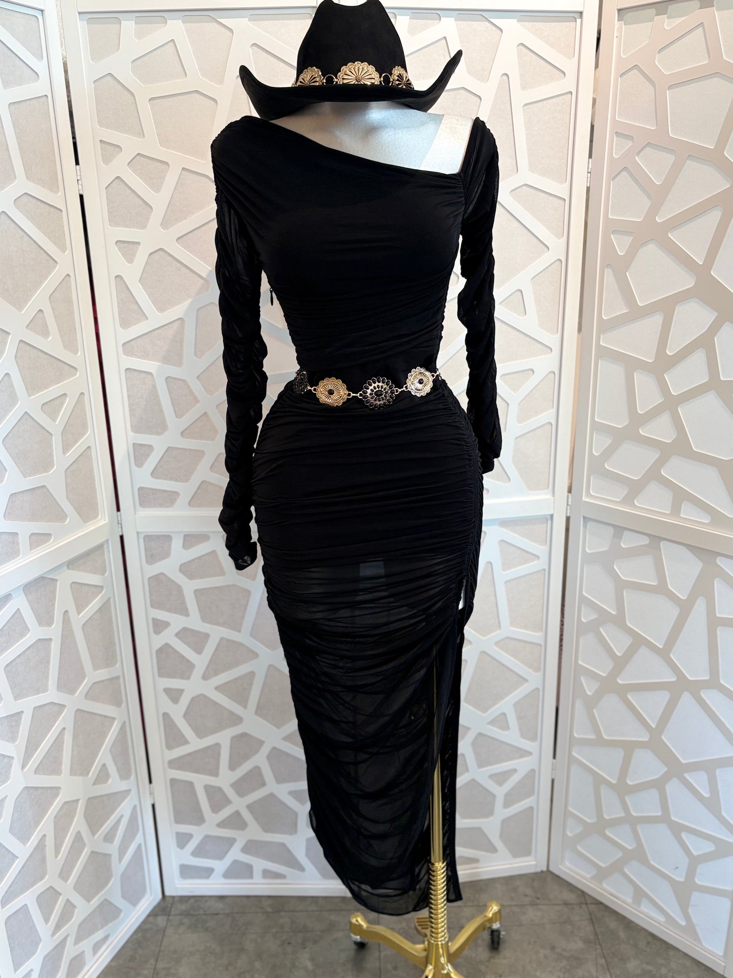Mesh long sleeve midi dress