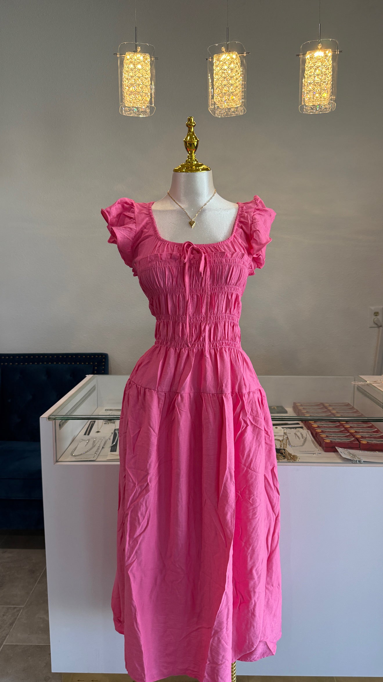 Shirred Bodice Ruffle Sleeve Midi Dress