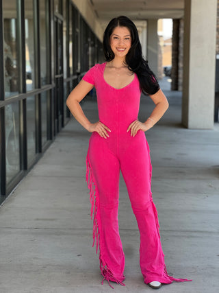 Mineral washed fringed jumpsuit