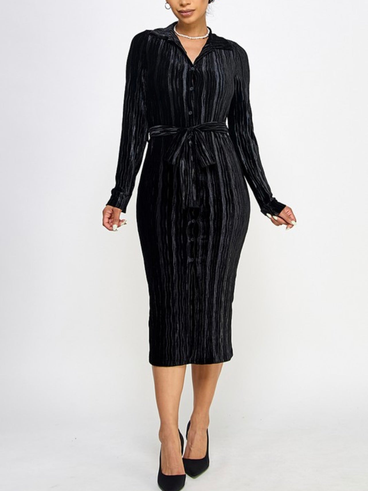 Velvet Pleated Button-down Shirt Dress