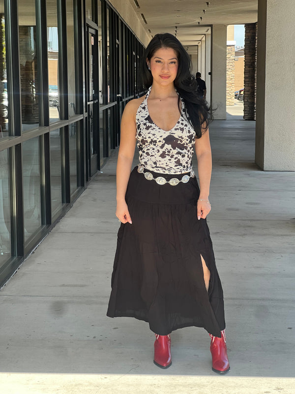 Slit Tiered Elastic Midi Skirt