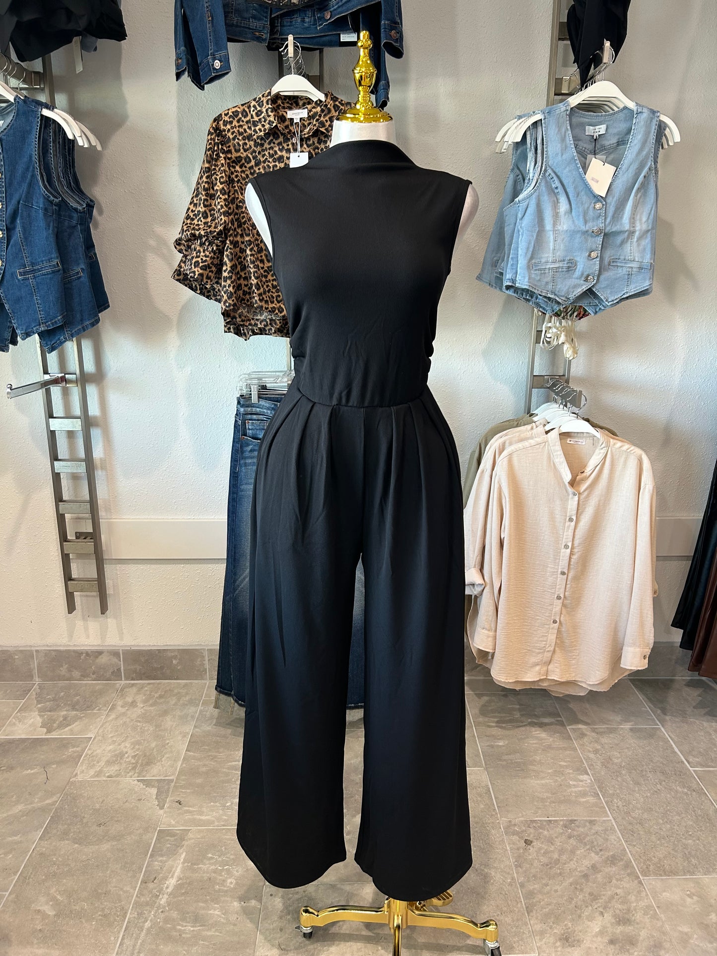 Sleeveless High Neck Pleated Rib Jumpsuit