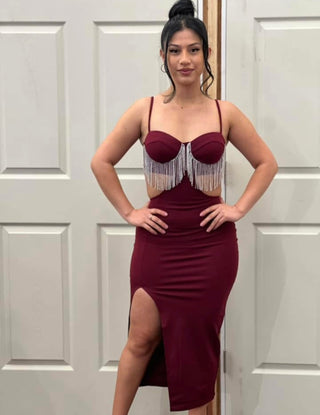 Reyna fringe detail high slit dress