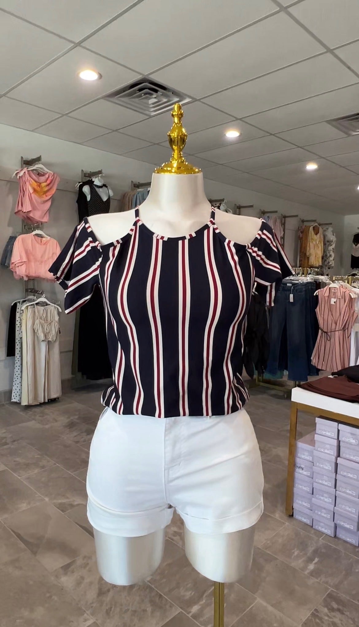 Short Sleeve Cold Shoulder Stripe Knit Top