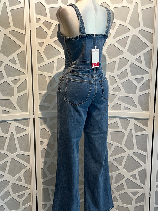 LACE UP DETAIL DENIM JUMPSUIT