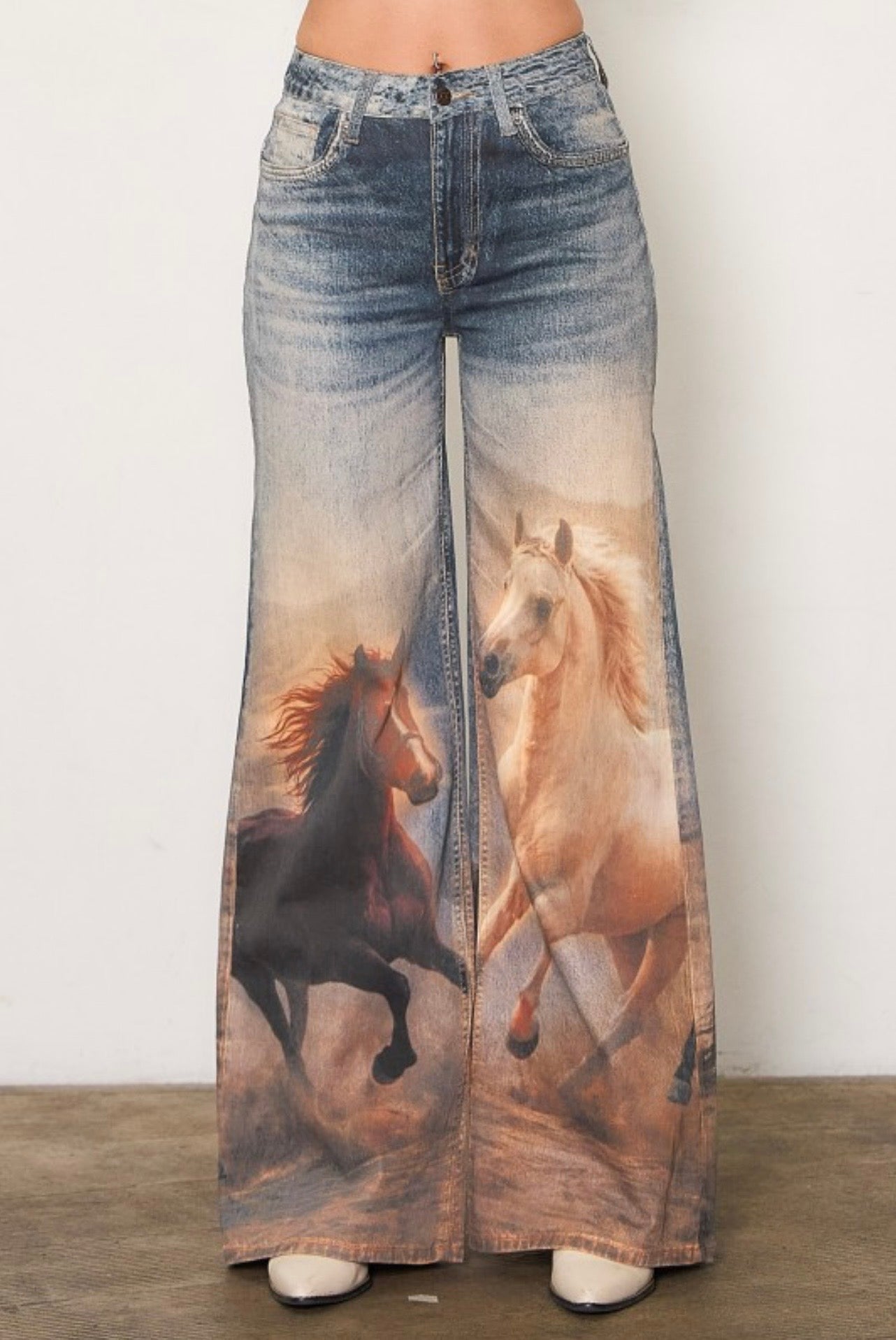 White Horse Digital Print Wide Leg Jeans