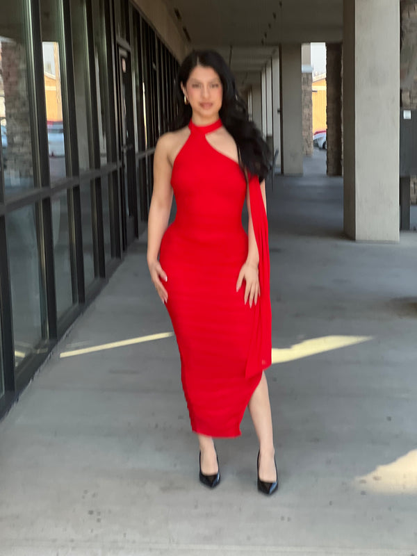 LUXE MESH ASYMMETRIC BACK DRAPED RUCHED
MIDI DRESS