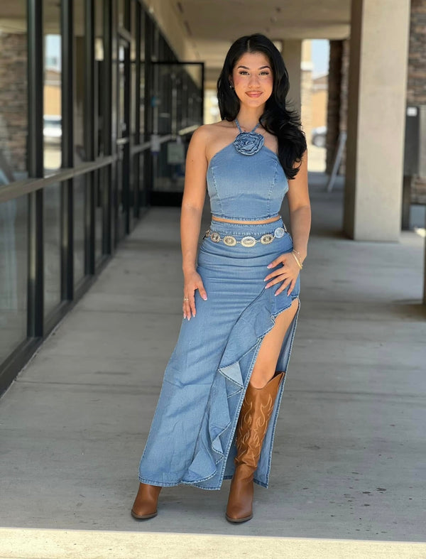 DENIM TWO PIECE SKIRT SET