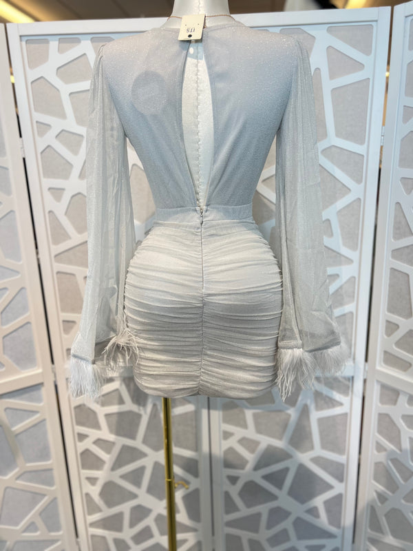GLITTERED SHEER BELL SLEEVE MINI DRESS