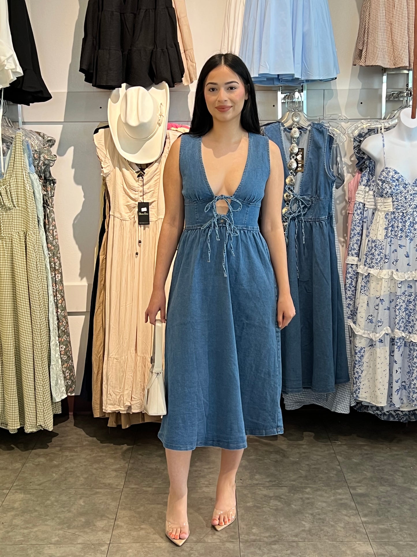 STRETCH DENIM TIE-FRONT MIDI DRESS