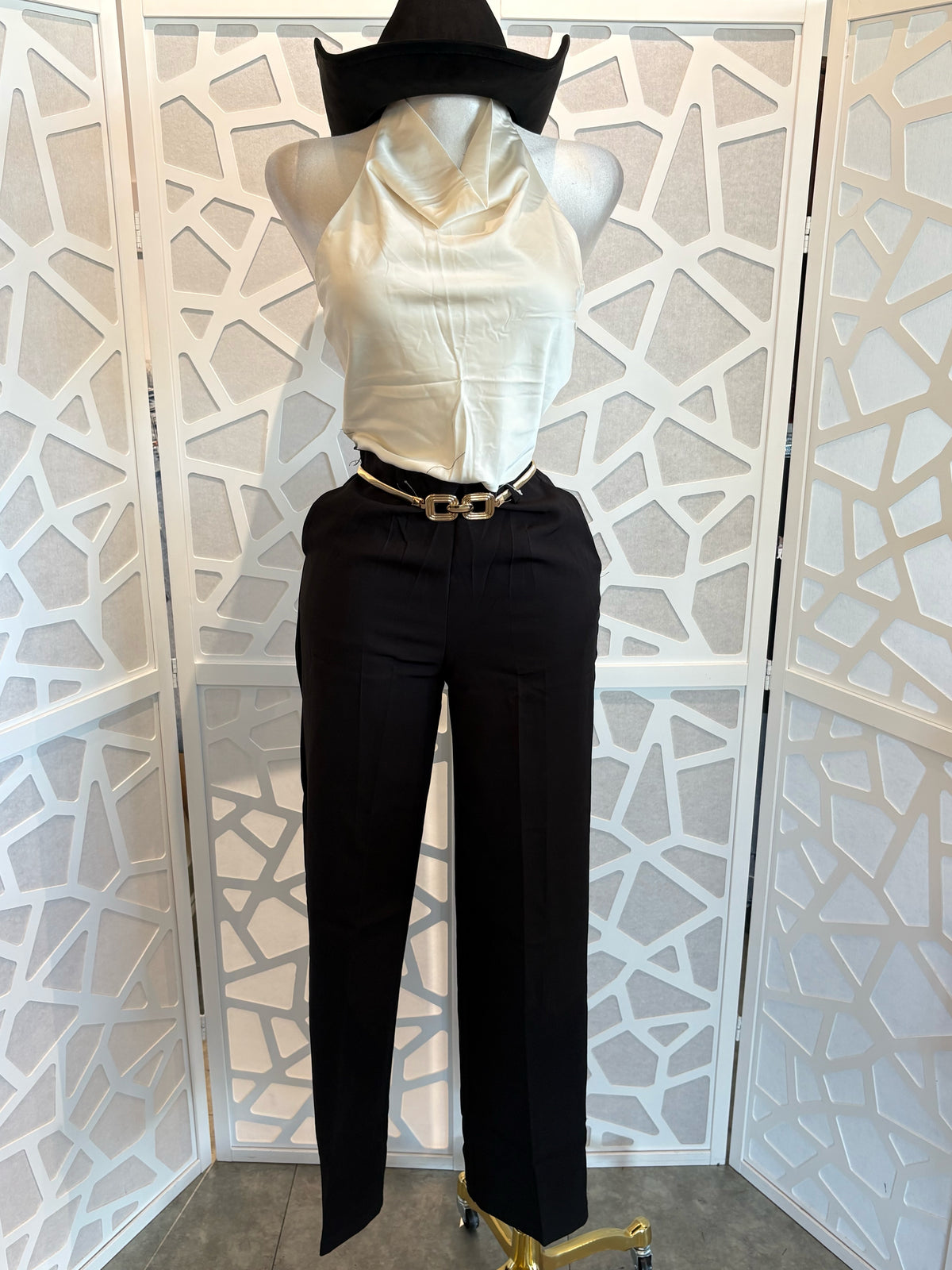 SATIN COWL NECK HALTER BACKLESS JUMPSUIT WITH BELT