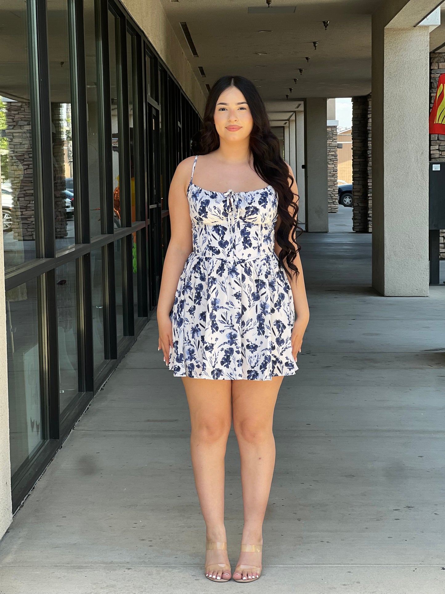 Floral front tied back smocked dress
