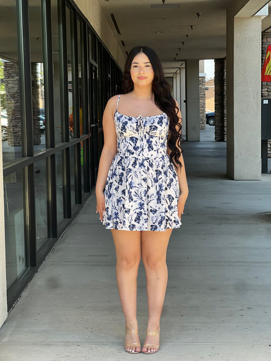Floral front tied back smocked dress