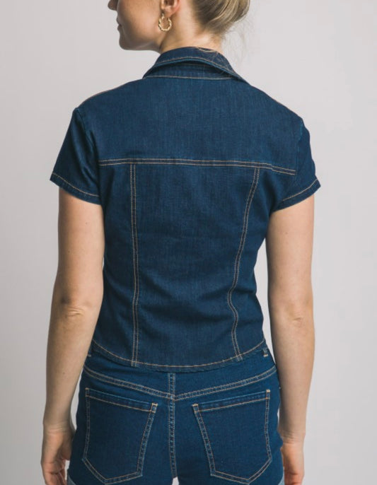 SHORT SLEEVE BUTTON UP DENIM TOP