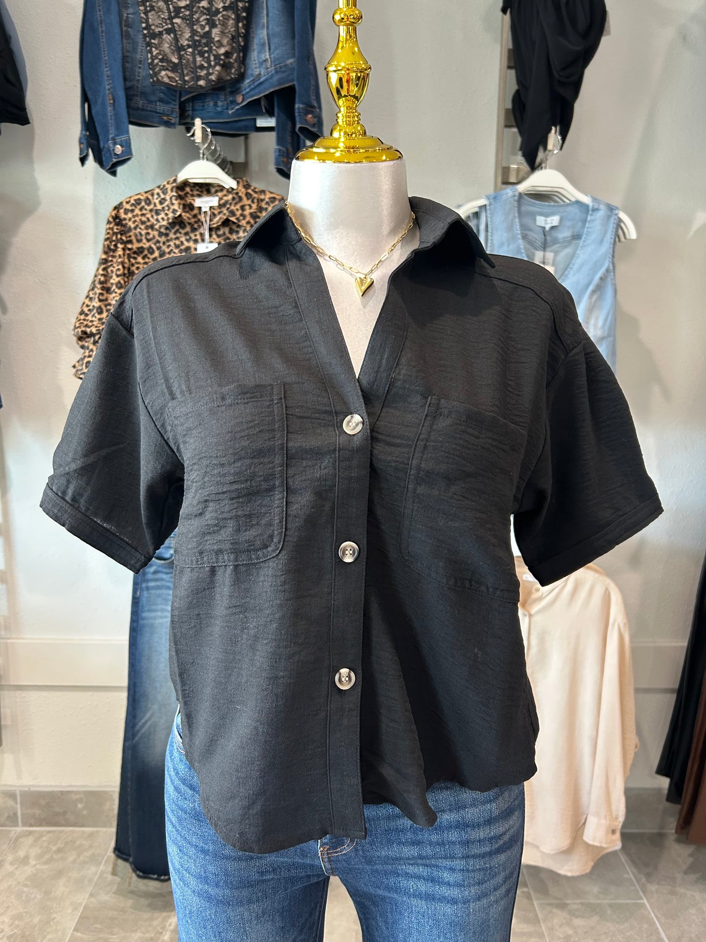 Notched Collar Linen Effect Shirt